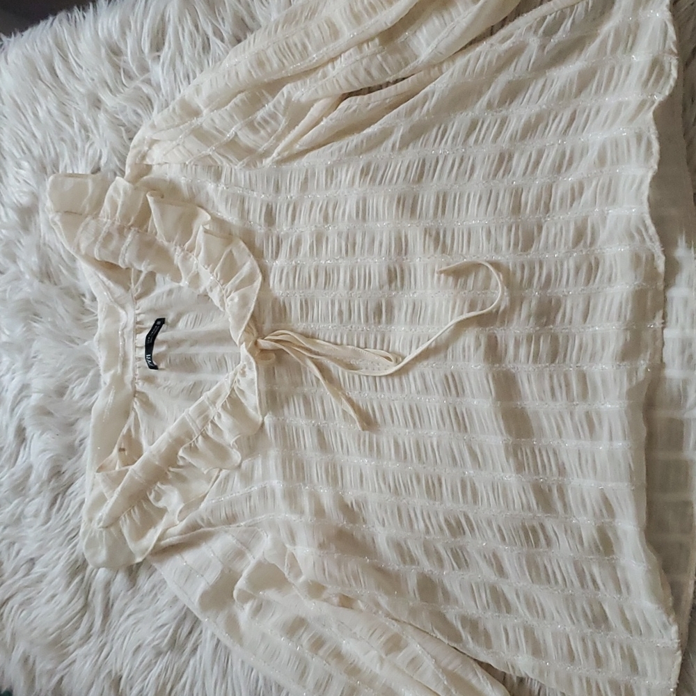 Zara Off-White Sheer Ruffle Tie Top – Size Medium
